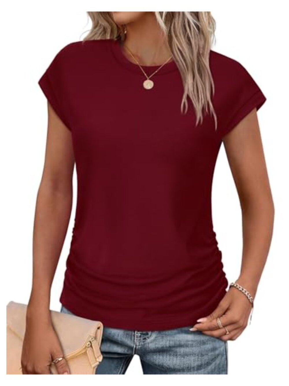 Womens Ruched Side Cap Sleeve T Shirt Crew Neck Summer Tee Loose Fit